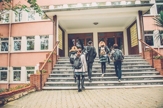 pięciu studentów wchodzących po schodach do szkoły